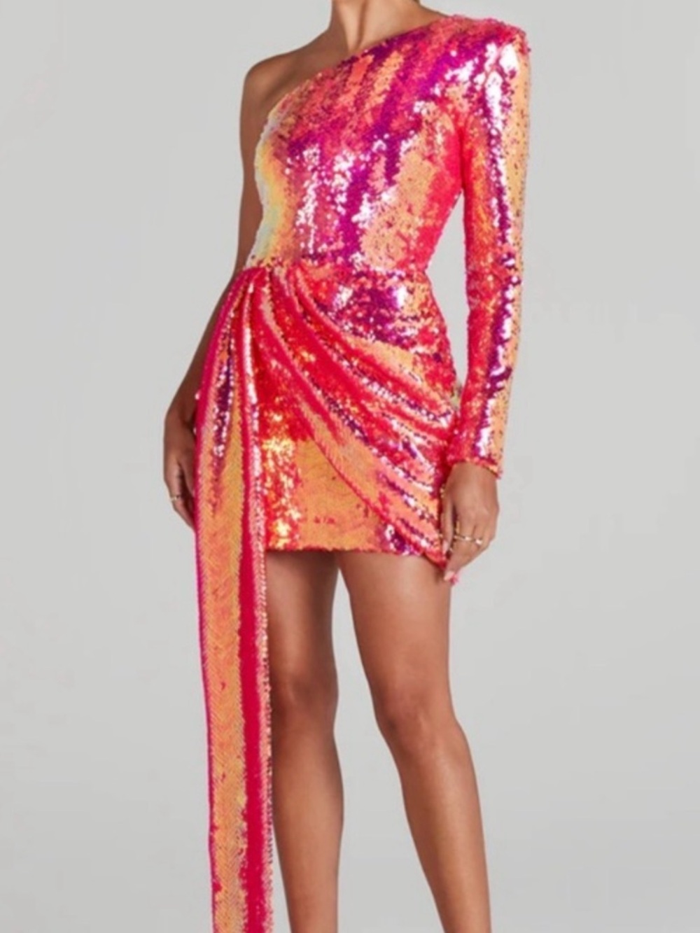 NADINE MERABI One-Shoulder Pink and Gold Sequin Dress